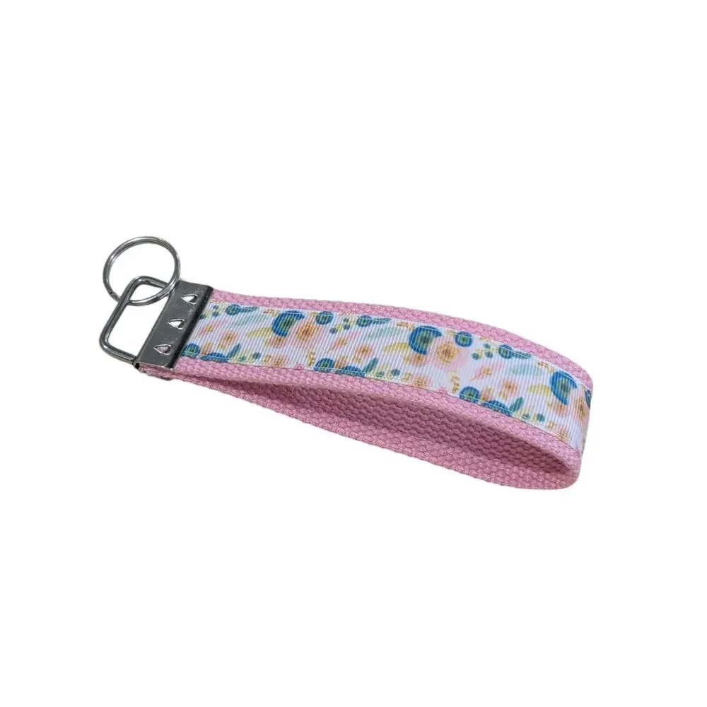 Floral Keychain Pink Teal Wristlet‎ Handmade Fabric Key FOB Flower Bohemian Boho